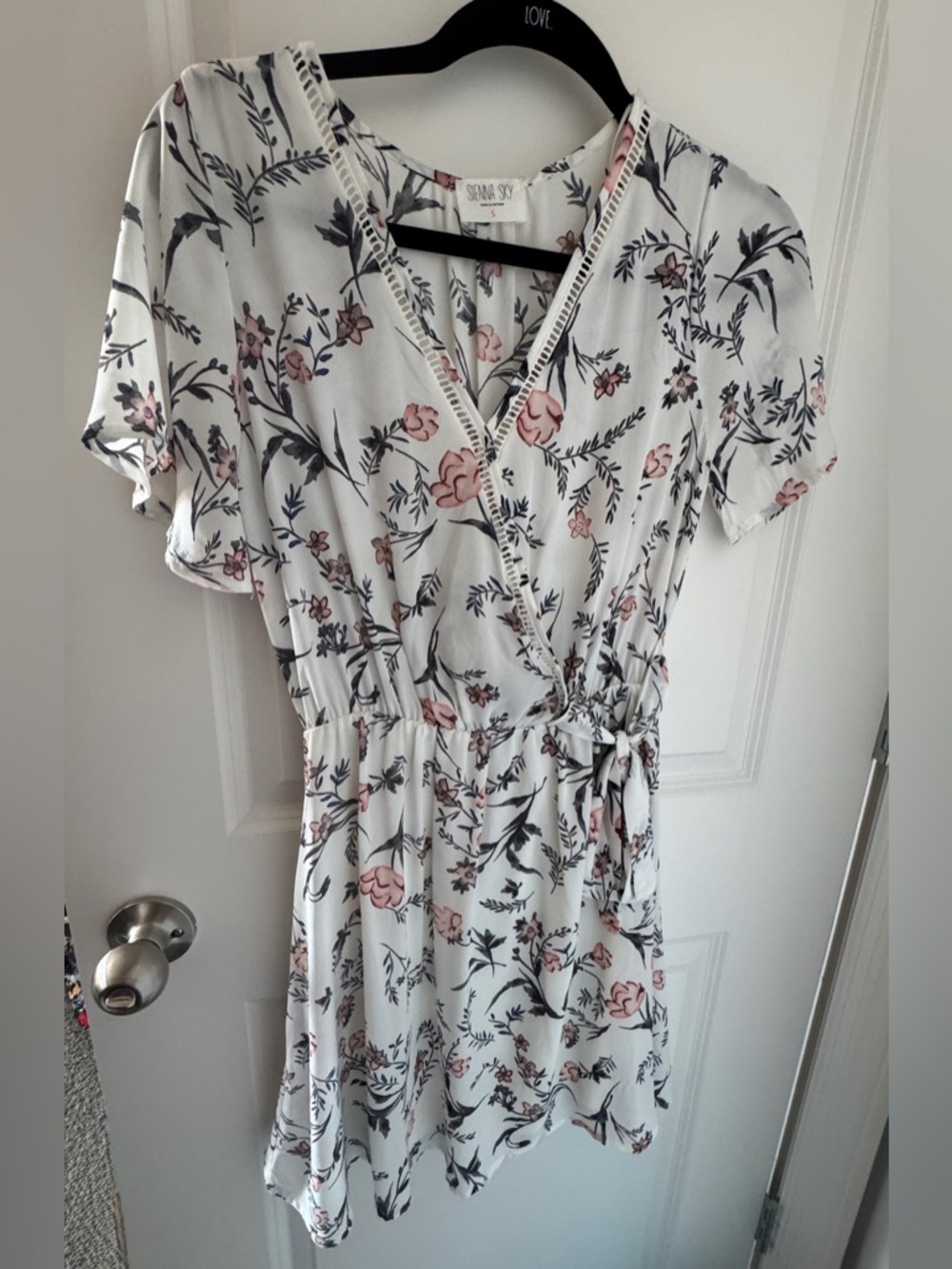 Sienna Sky White Floral Wrap Mini Dress with Pink Blooms-Small